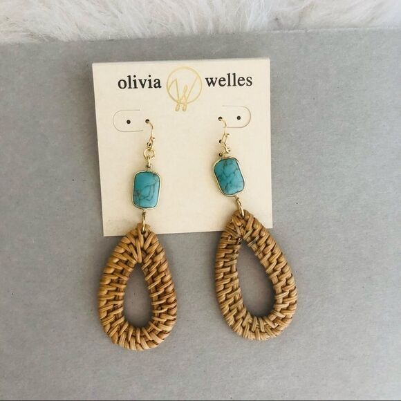 Olivia Welles Sandra Straw Drop Earrings, Tan/Turquoise, NWT - Picture 4 of 7
